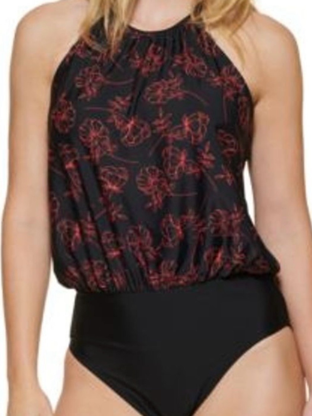 Black and Red Floral Halter One-Piece Swimsuit - women’s